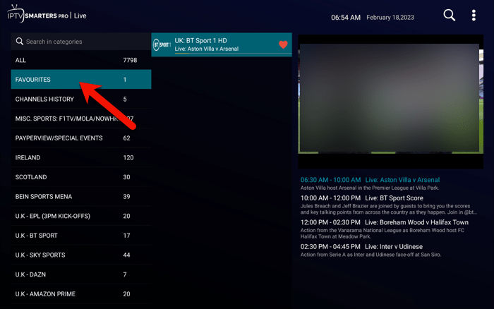 list of all channels added to favorite